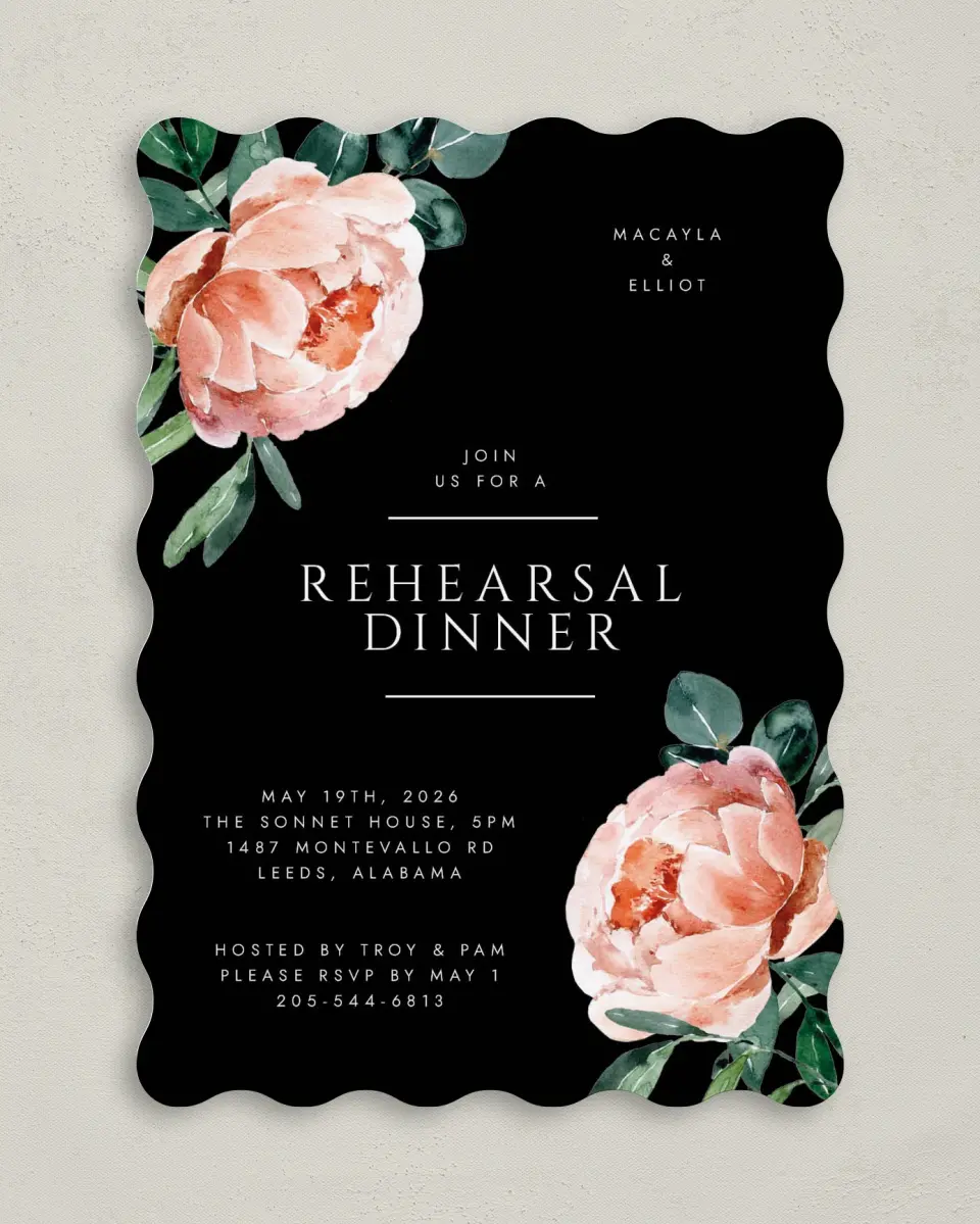 This is a 5" x 7" Rehearsal Dinner Invitation called Modern Floral printed in full color on Premium Smooth paper