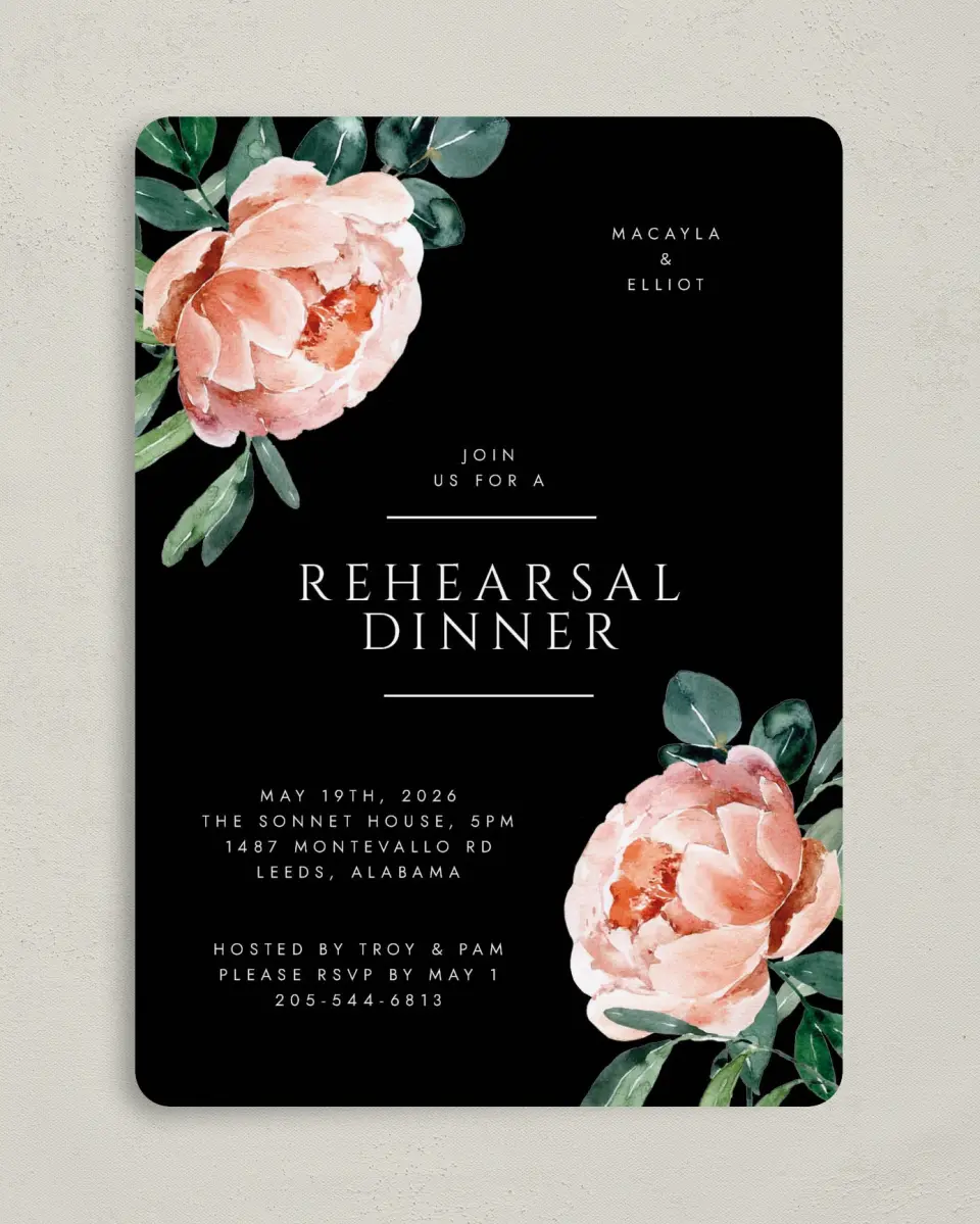 This is a 5" x 7" Rehearsal Dinner Invitation called Modern Floral printed in full color on Premium Smooth paper
