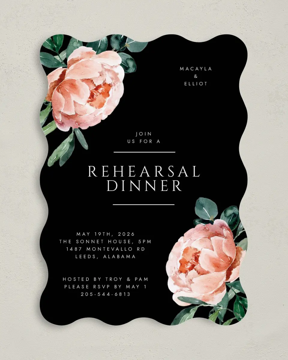 This is a 5" x 7" Rehearsal Dinner Invitation called Modern Floral printed in full color on Premium Smooth paper