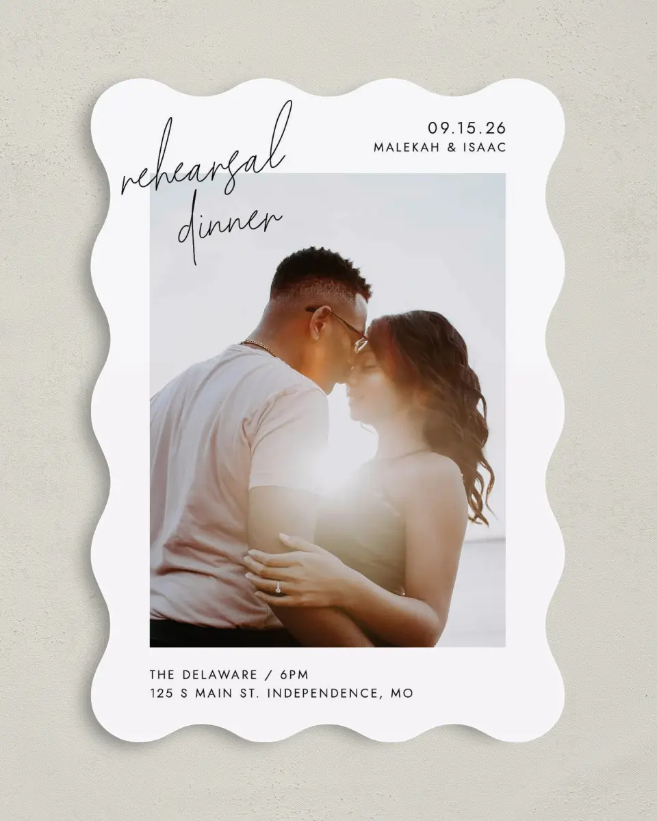 This is a 5" x 7" Rehearsal Dinner Invitation called Pictured Pair printed in full color on Premium Smooth paper