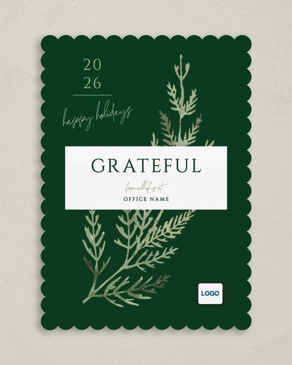 This is a 5" x 7" Christmas Card called Grateful Sprig printed in full color on Premium Smooth paper on Premium Smooth paper on Premium Smooth paper