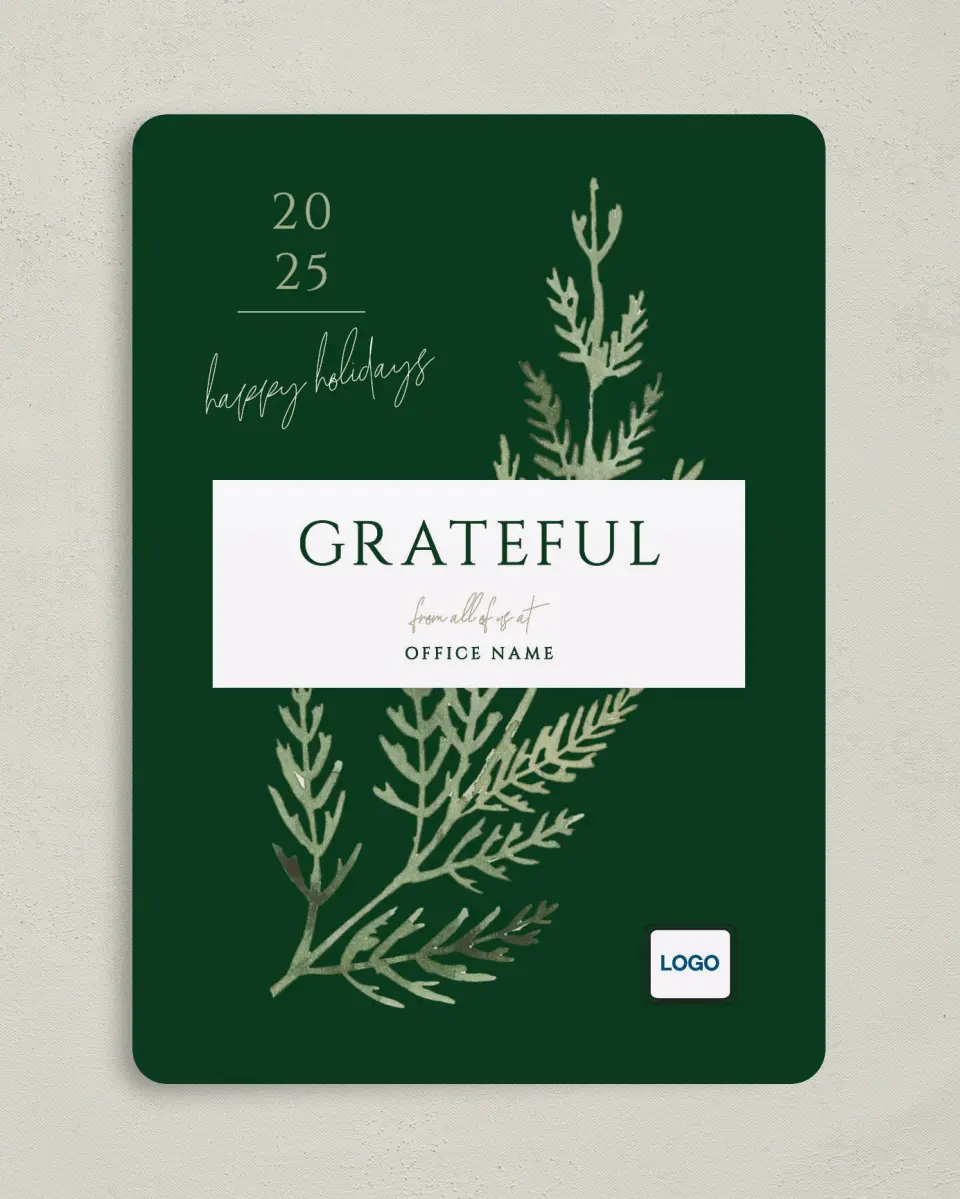This is a 5" x 7" Christmas Card called Grateful Sprig printed in full color on Premium Smooth paper