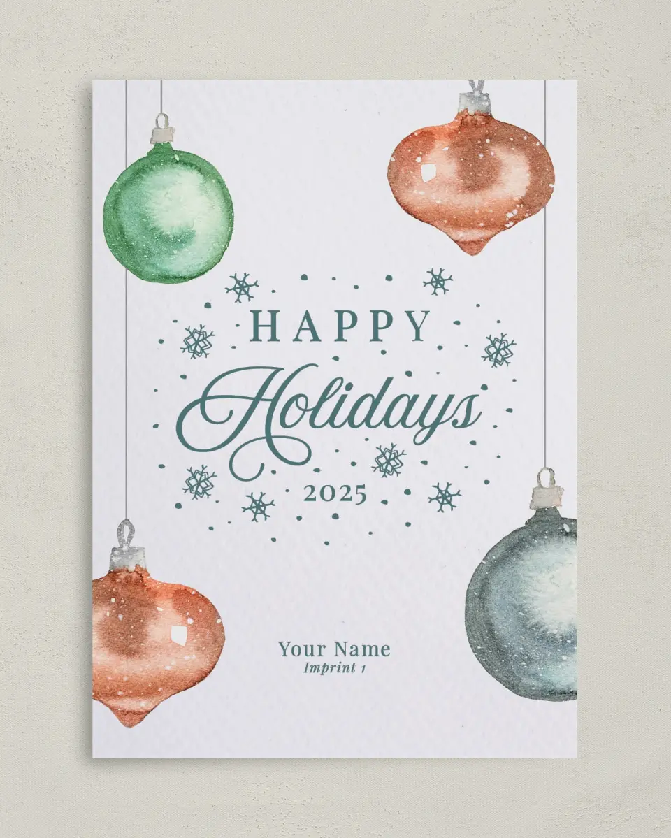 This is a 5" x 7" Christmas Card called Holiday Ornaments printed in full color on Premium Smooth paper
