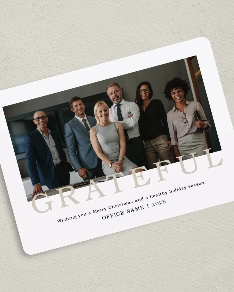 This is a 5" x 7" Christmas Card called Grateful Team printed in full color on Premium Smooth paper