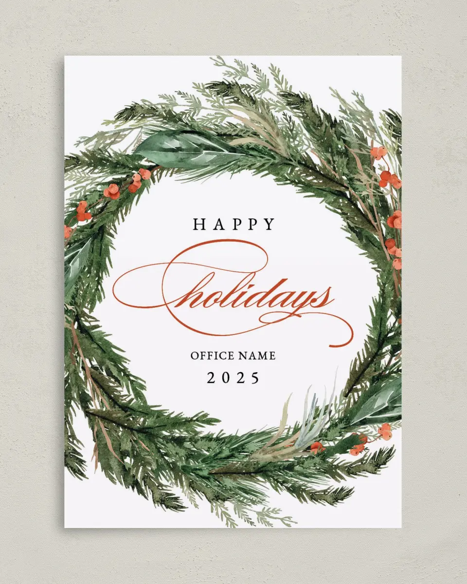This is a 5" x 7" Christmas Card called Holiday Laurel printed in full color on Premium Smooth paper