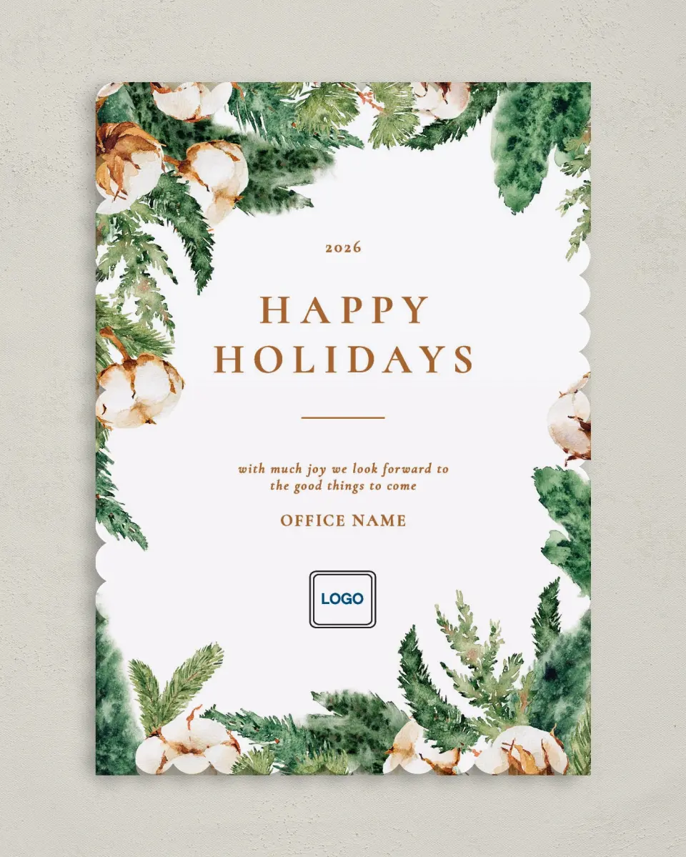 This is a 5" x 7" Christmas Card called Holiday Greens printed in full color on Premium Smooth paper on Premium Smooth paper on Premium Smooth paper