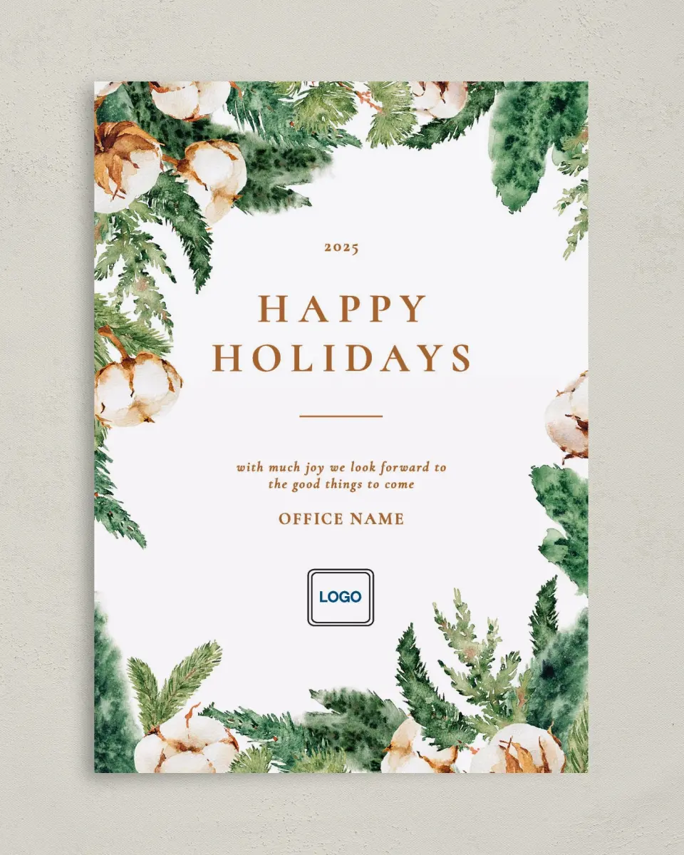 This is a 5" x 7" Christmas Card called Holiday Greens printed in full color on Premium Smooth paper