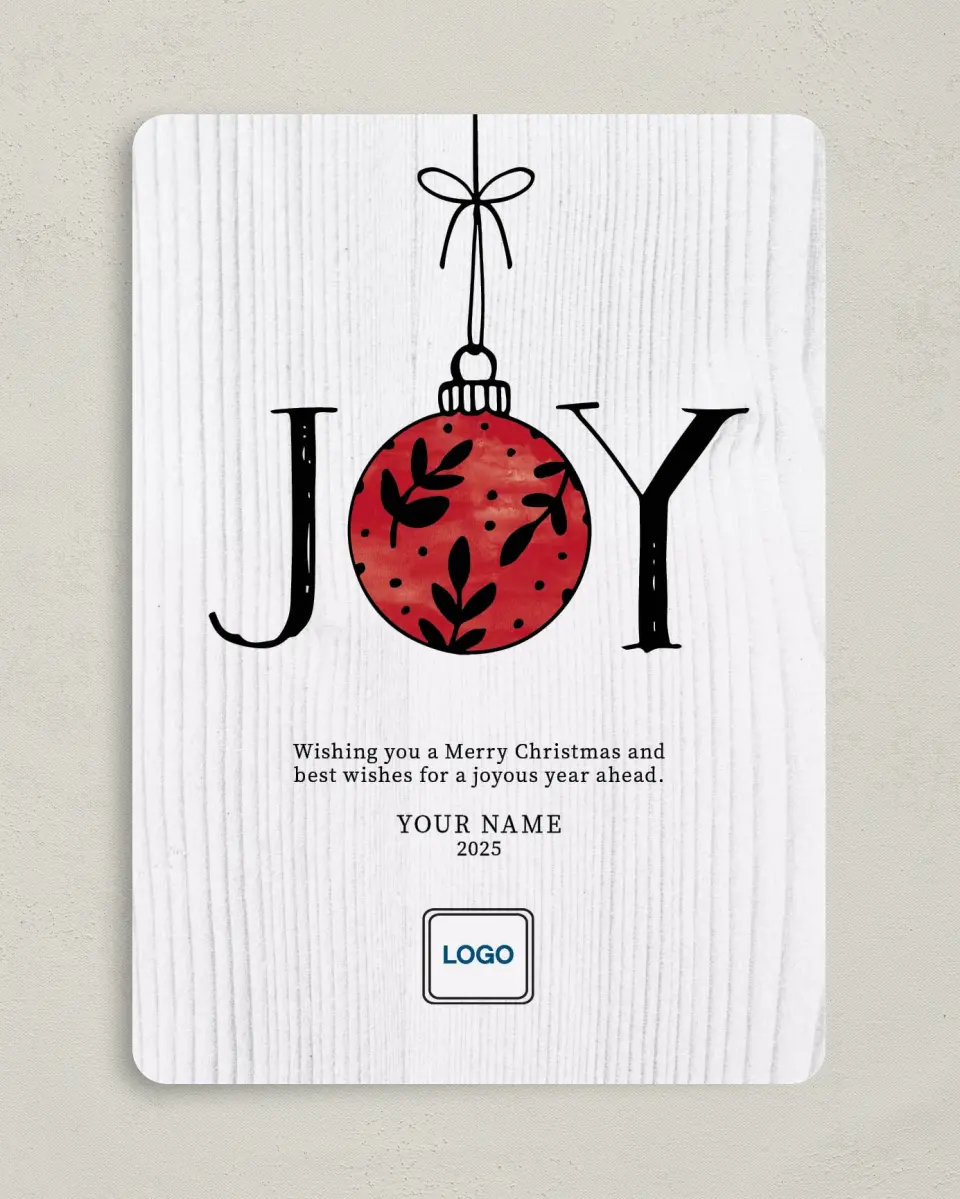 This is a 5" x 7" Christmas Card called Rustic Joy printed in full color on Premium Smooth paper