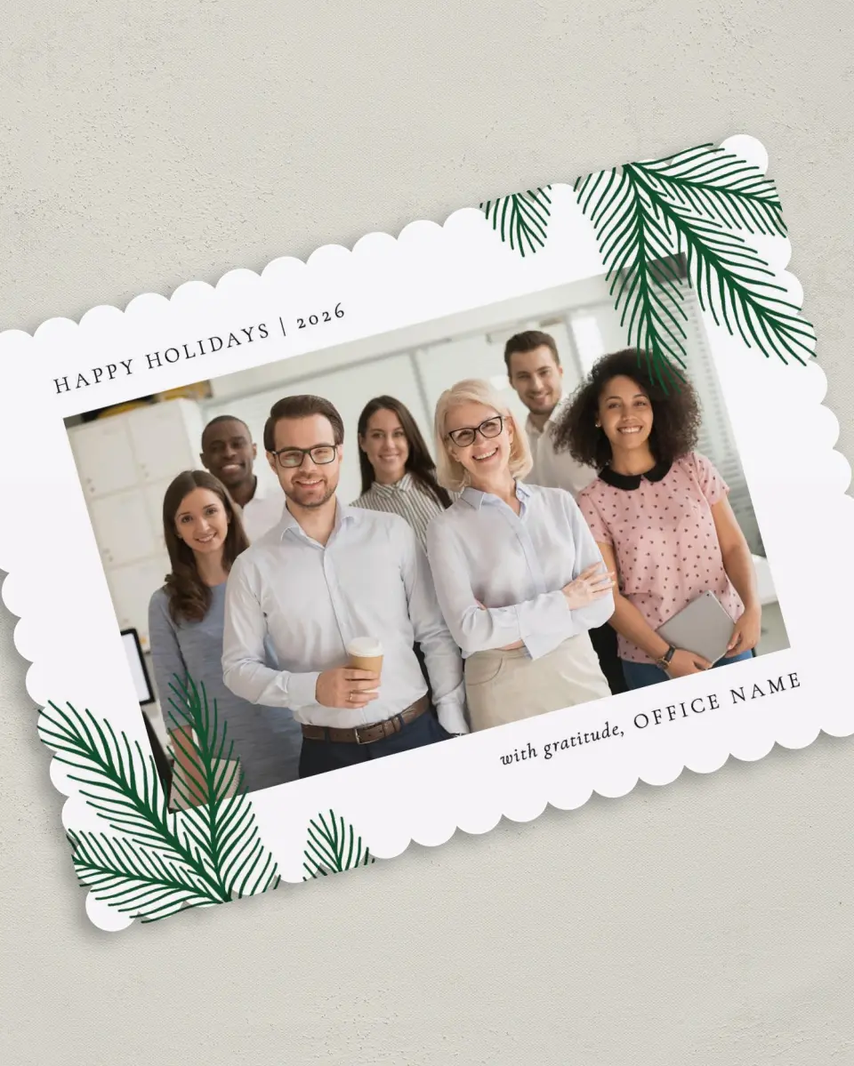 This is a 5" x 7" Christmas Card called Corner Sprigs printed in full color on Premium Smooth paper on Premium Smooth paper on Premium Smooth paper