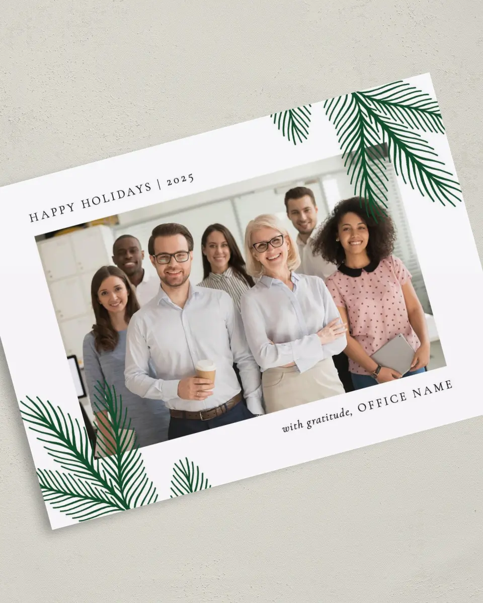 This is a 5" x 7" Christmas Card called Corner Sprigs printed in full color on Premium Smooth paper