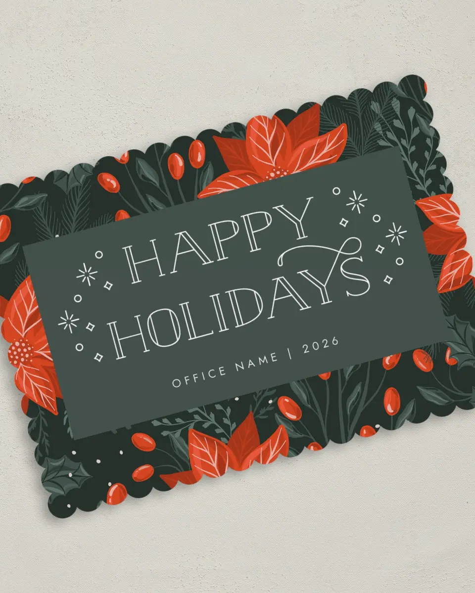 This is a 5" x 7" Christmas Card called Holiday Poinsettia printed in full color on Premium Smooth paper on Premium Smooth paper on Premium Smooth paper