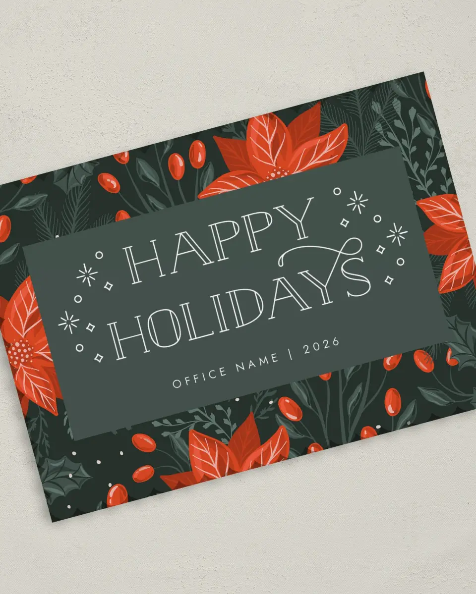 This is a 5" x 7" Christmas Card called Holiday Poinsettia printed in full color on Premium Smooth paper on Premium Smooth paper on Premium Smooth paper