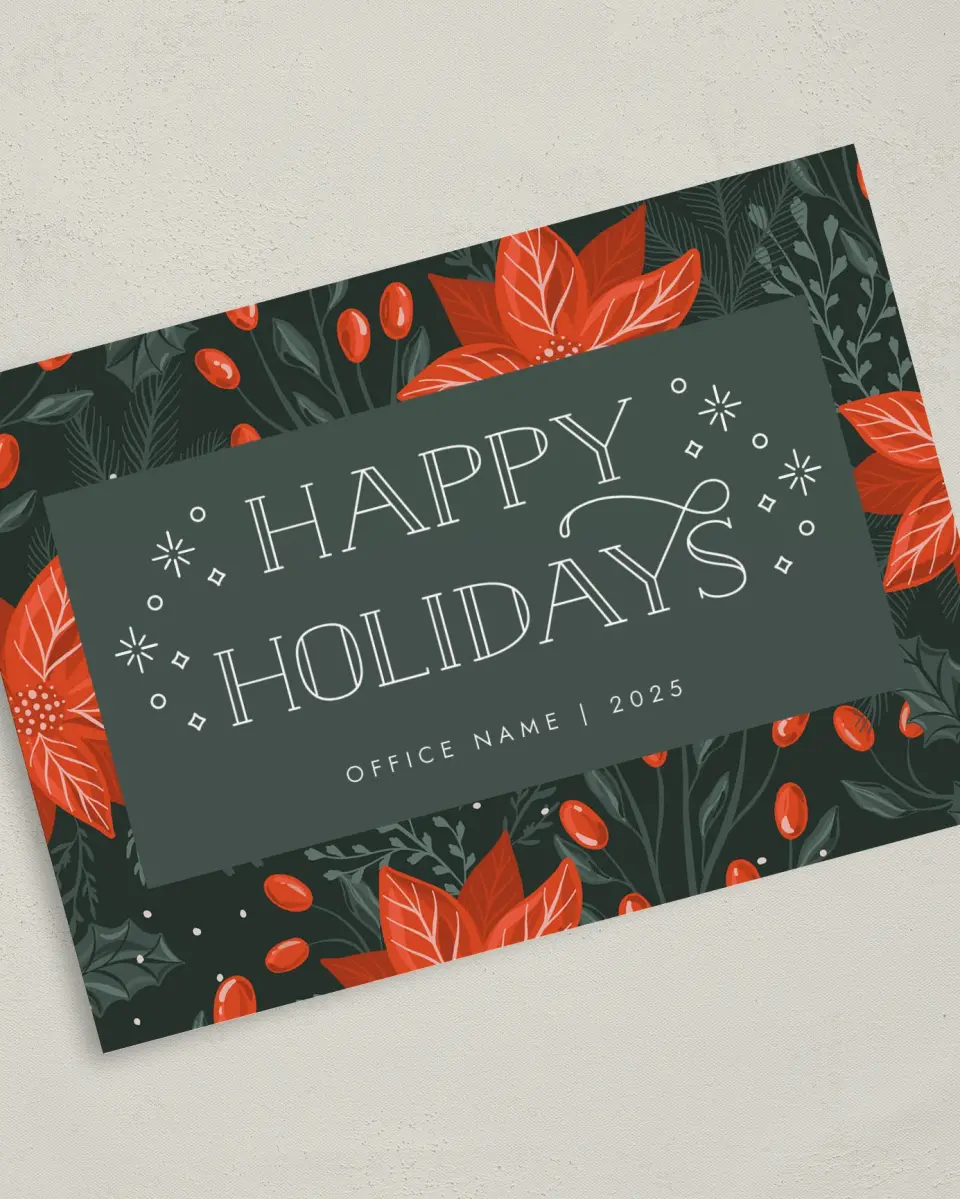 This is a 5" x 7" Christmas Card called Holiday Poinsettia printed in full color on Premium Smooth paper