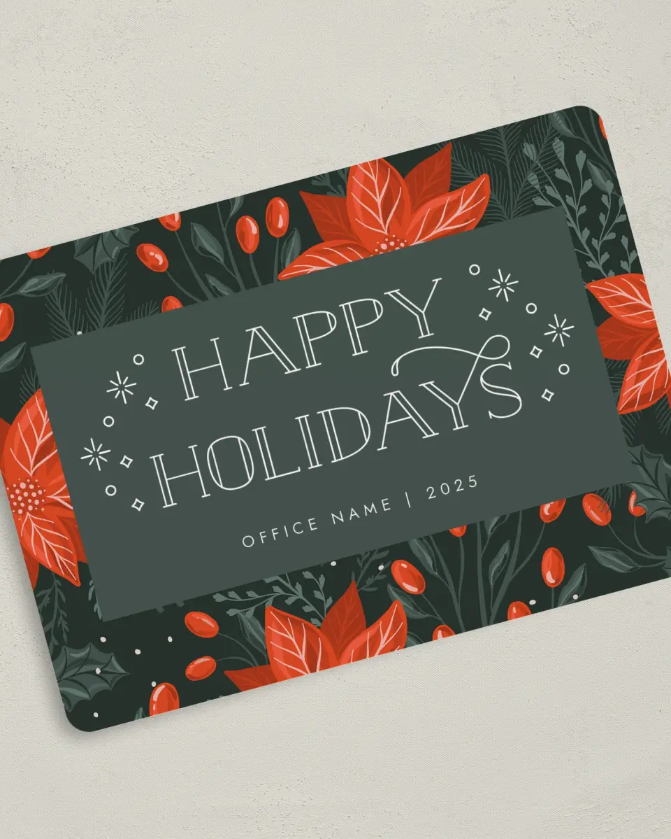 This is a 5" x 7" Christmas Card called Holiday Poinsettia printed in full color with Rose Gold foil on Soft Suede (coated) paper