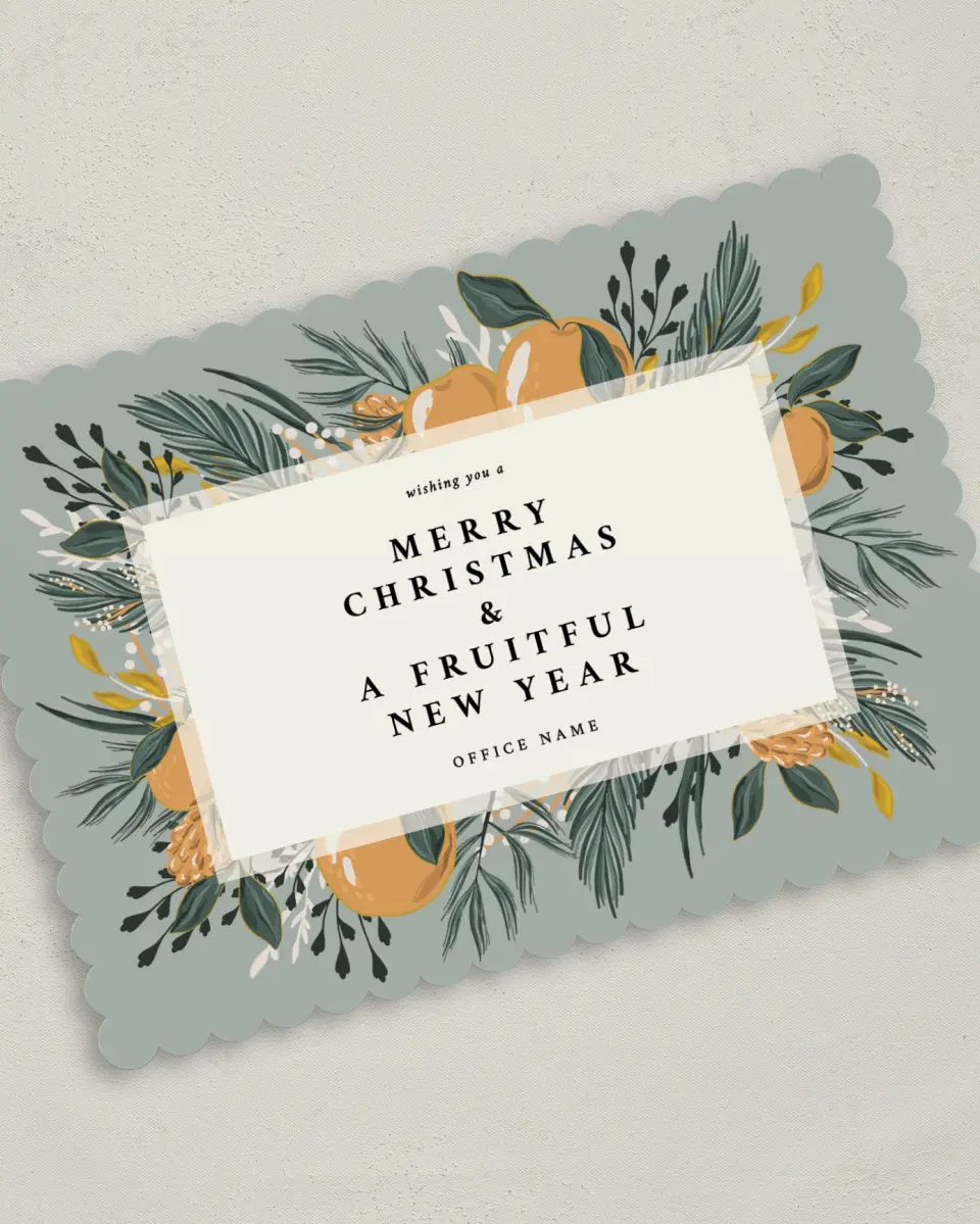 This is a 5" x 7" Christmas Card called Fruitful Wishes printed in full color on Premium Smooth paper on Premium Smooth paper on Premium Smooth paper
