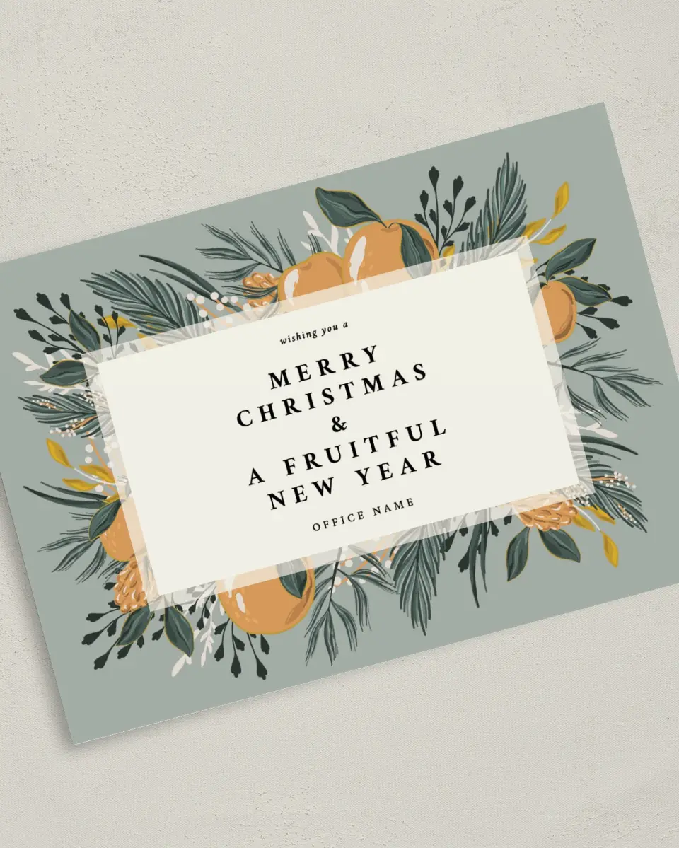 This is a 5" x 7" Christmas Card called Fruitful Wishes printed in full color on Premium Smooth paper