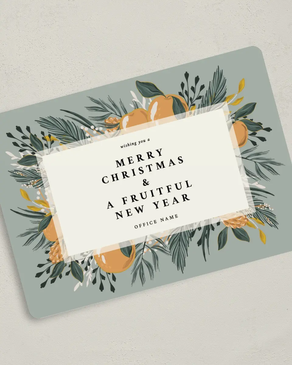 This is a 5" x 7" Christmas Card called Fruitful Wishes printed in full color on Premium Smooth paper