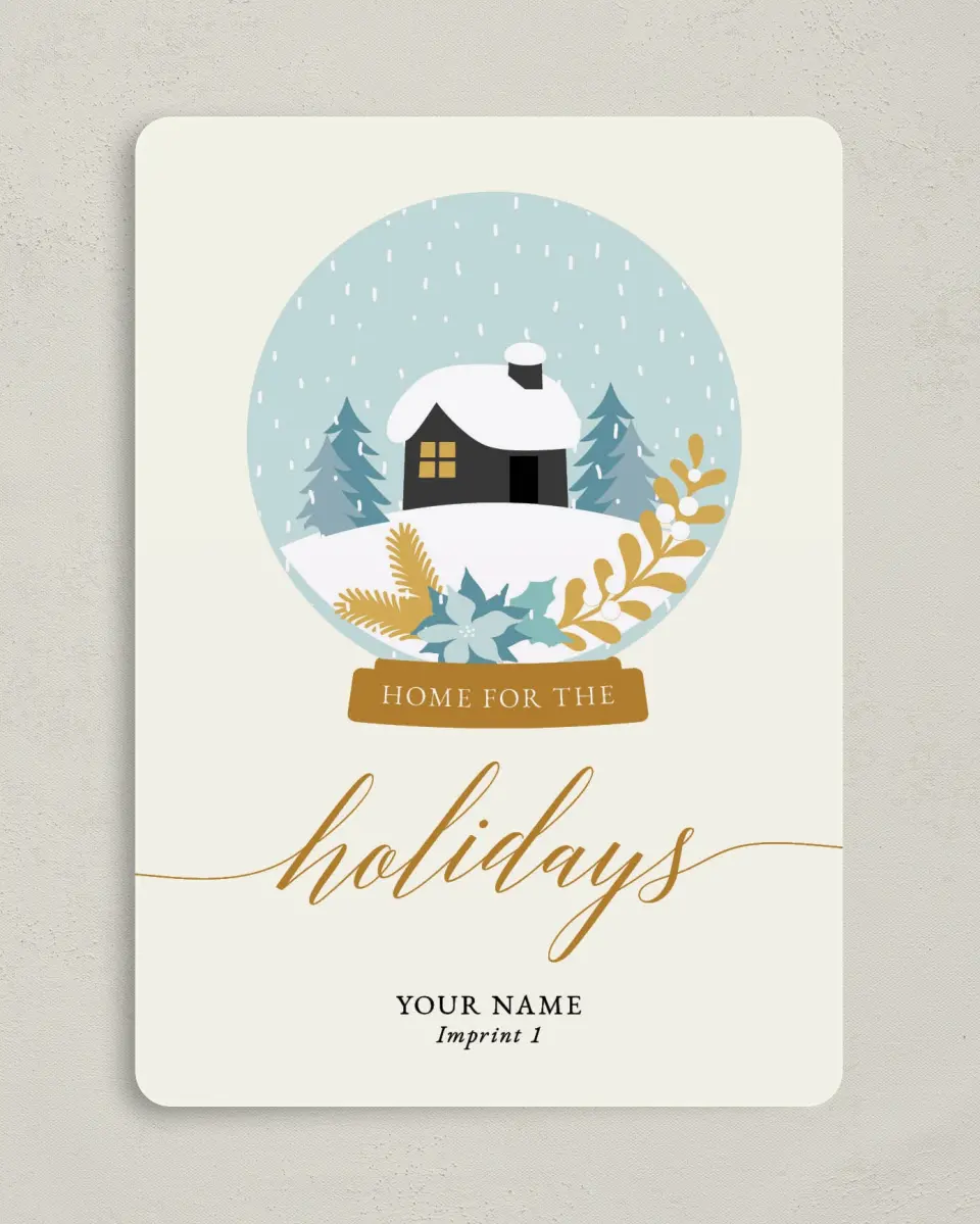 This is a 5" x 7" Christmas Card called Cozy Snowglobe printed in full color with Rose Gold foil on Soft Suede (coated) paper