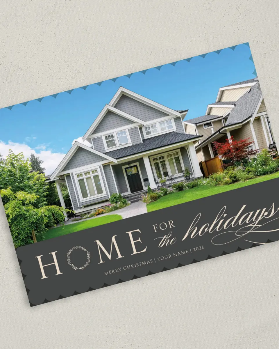 This is a 5" x 7" Christmas Card called Holiday Homestead printed in full color on Premium Smooth paper on Premium Smooth paper on Premium Smooth paper