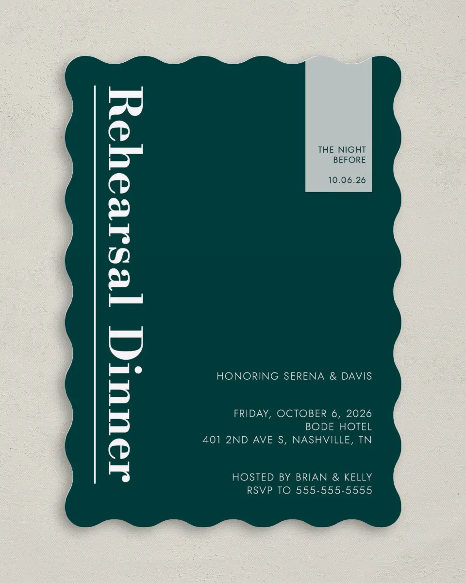 This is a 5" x 7" Rehearsal Dinner Invitation called Rehearsal Banner printed in full color on Premium Smooth paper