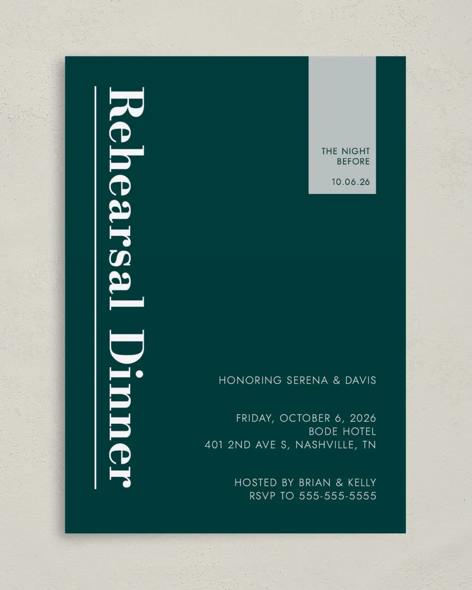 This is a 5" x 7" Rehearsal Dinner Invitation called Rehearsal Banner printed in full color on Premium Smooth paper