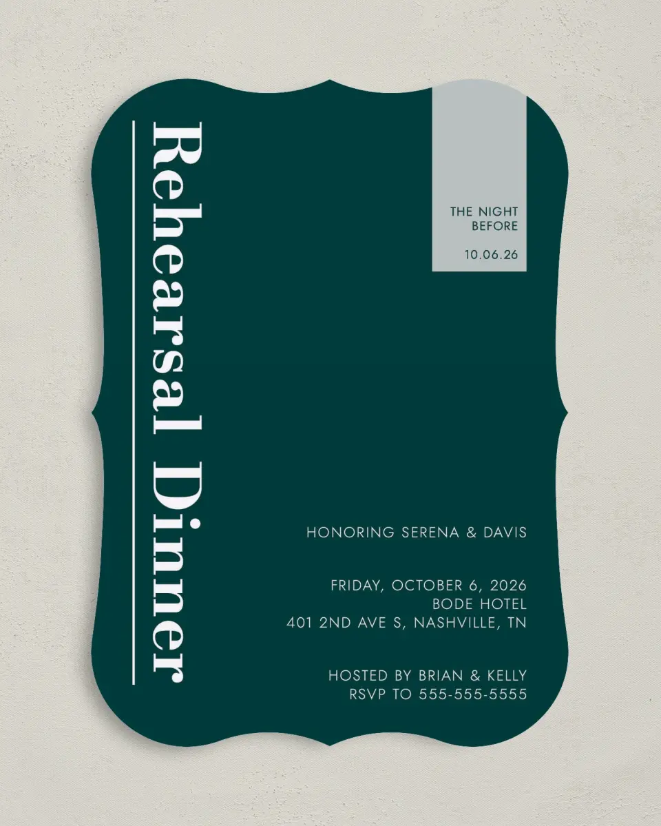 This is a 5" x 7" Rehearsal Dinner Invitation called Rehearsal Banner printed in full color on Premium Smooth paper