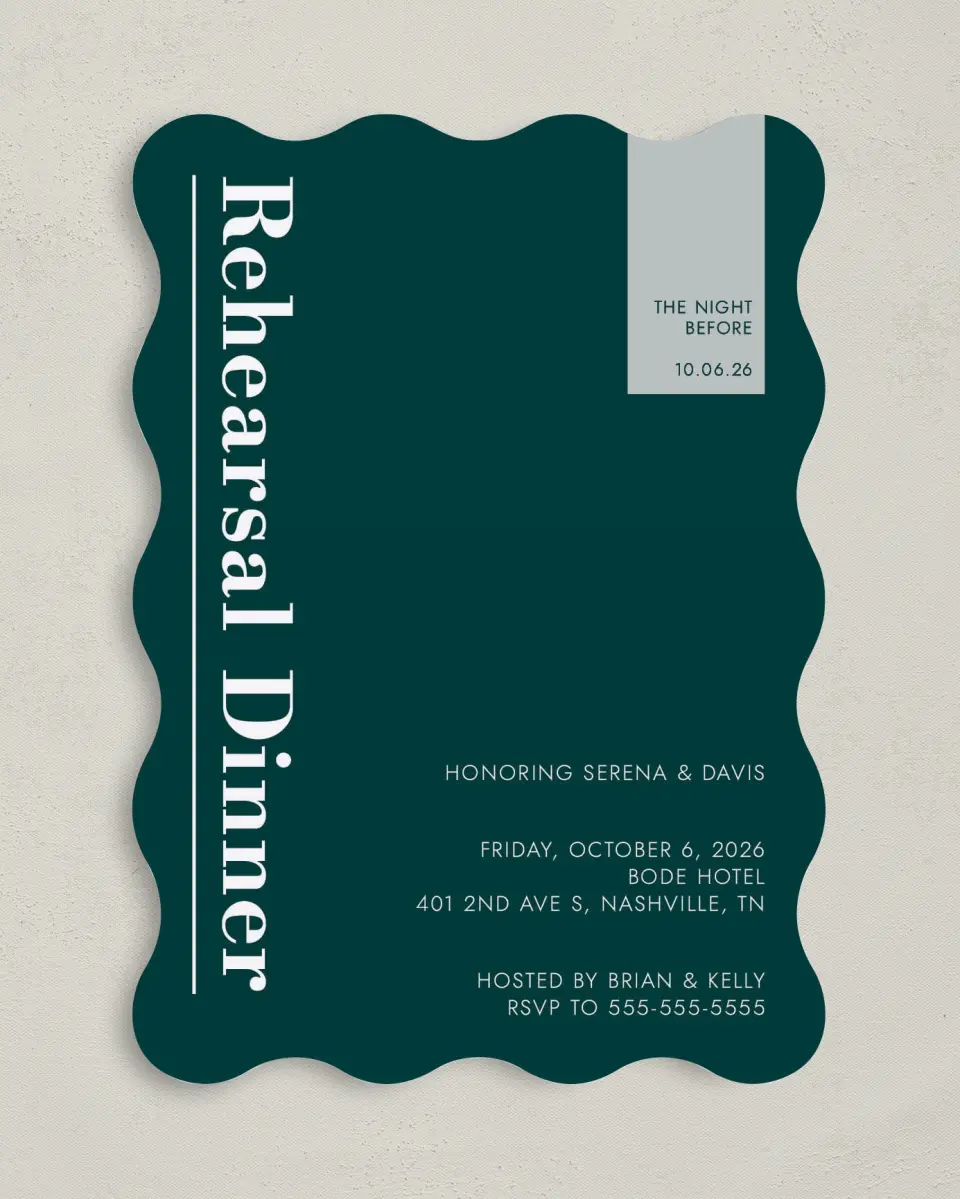 This is a 5" x 7" Rehearsal Dinner Invitation called Rehearsal Banner printed in full color on Premium Smooth paper