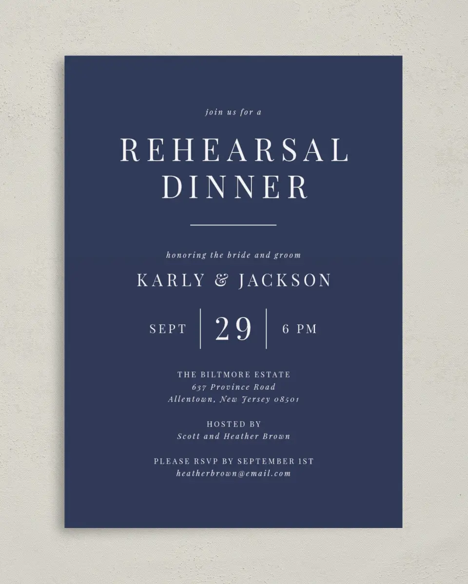 This is a 5" x 7" Rehearsal Dinner Invitation called Simply Classic printed in full color on Premium Smooth paper