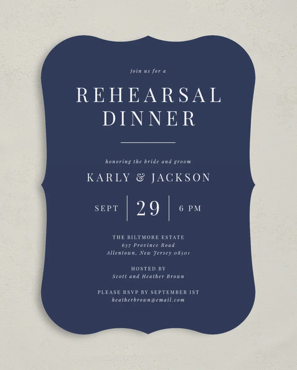This is a 5" x 7" Rehearsal Dinner Invitation called Simply Classic printed in full color on Premium Smooth paper