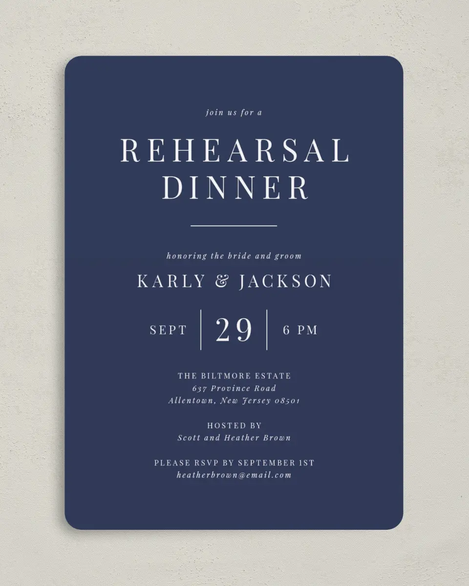 This is a 5" x 7" Rehearsal Dinner Invitation called Simply Classic printed in full color on Premium Smooth paper