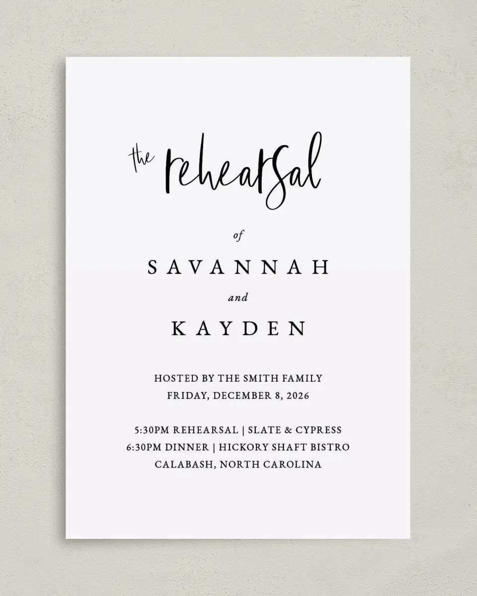 This is a 5" x 7" Rehearsal Dinner Invitation called Fresh Affair printed in full color on Premium Smooth paper