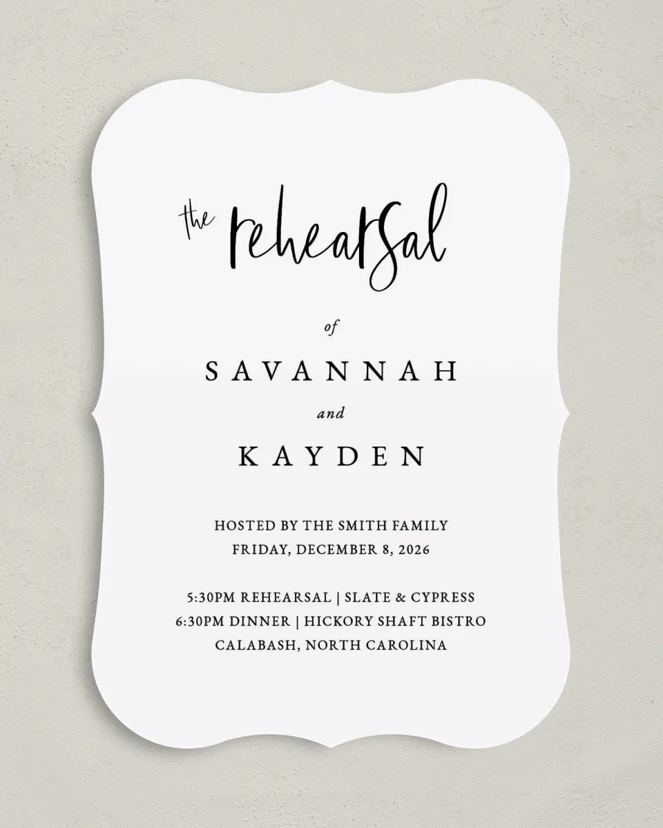 This is a 5" x 7" Rehearsal Dinner Invitation called Fresh Affair printed in full color on Premium Smooth paper