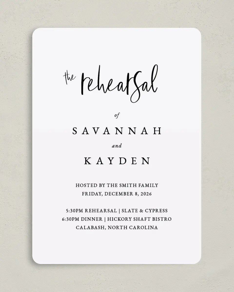This is a 5" x 7" Rehearsal Dinner Invitation called Fresh Affair printed in full color on Premium Smooth paper