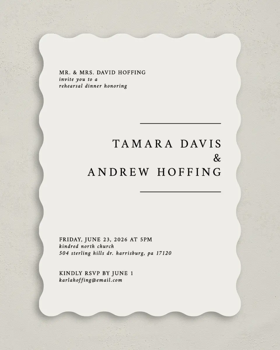 This is a 5" x 7" Rehearsal Dinner Invitation called Dashing Dinner printed in full color on Premium Smooth paper