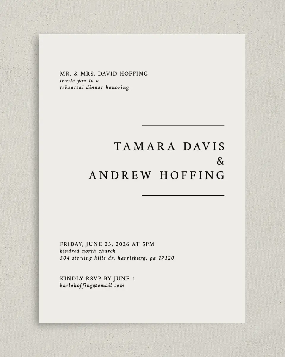 This is a 5" x 7" Rehearsal Dinner Invitation called Dashing Dinner printed in full color on Premium Smooth paper