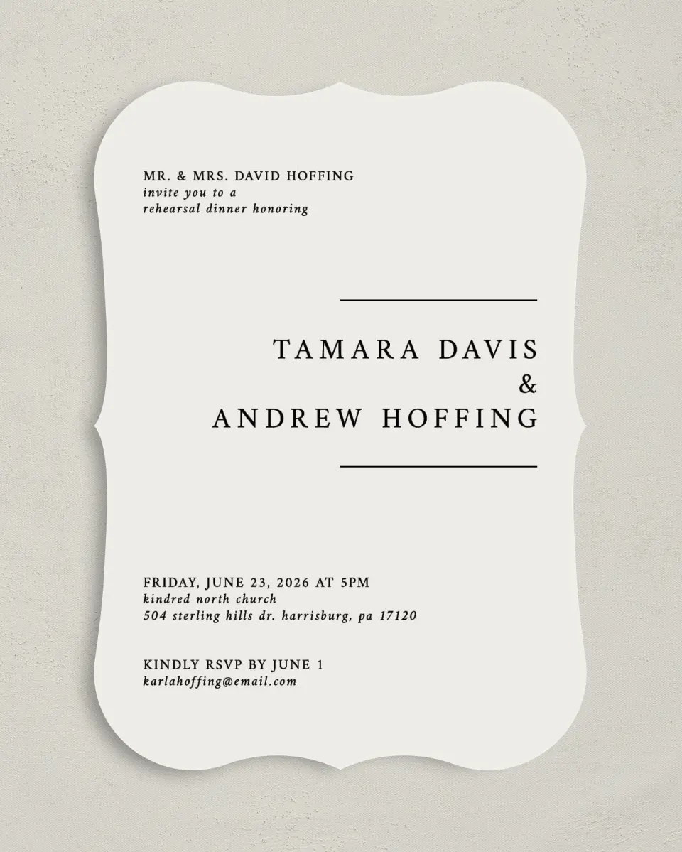 This is a 5" x 7" Rehearsal Dinner Invitation called Dashing Dinner printed in full color on Premium Smooth paper