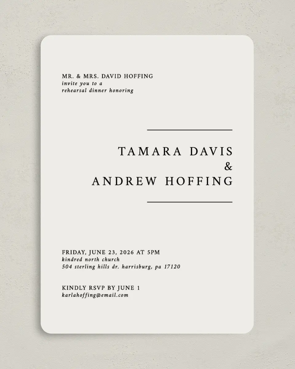 This is a 5" x 7" Rehearsal Dinner Invitation called Dashing Dinner printed in full color on Premium Smooth paper