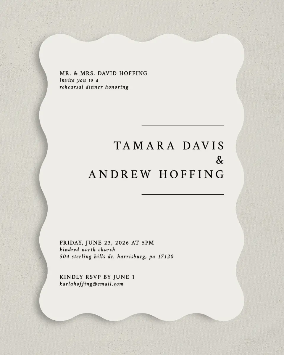 This is a 5" x 7" Rehearsal Dinner Invitation called Dashing Dinner printed in full color on Premium Smooth paper