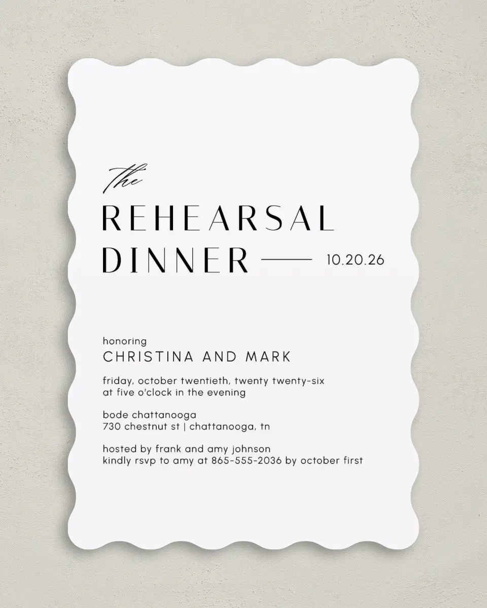 This is a 5" x 7" Rehearsal Dinner Invitation called Deluxe Dinner printed in full color on Premium Smooth paper