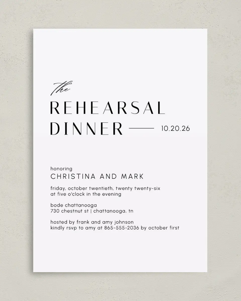 This is a 5" x 7" Rehearsal Dinner Invitation called Deluxe Dinner printed in full color with Gold foil on Luxe Satin (coated) paper