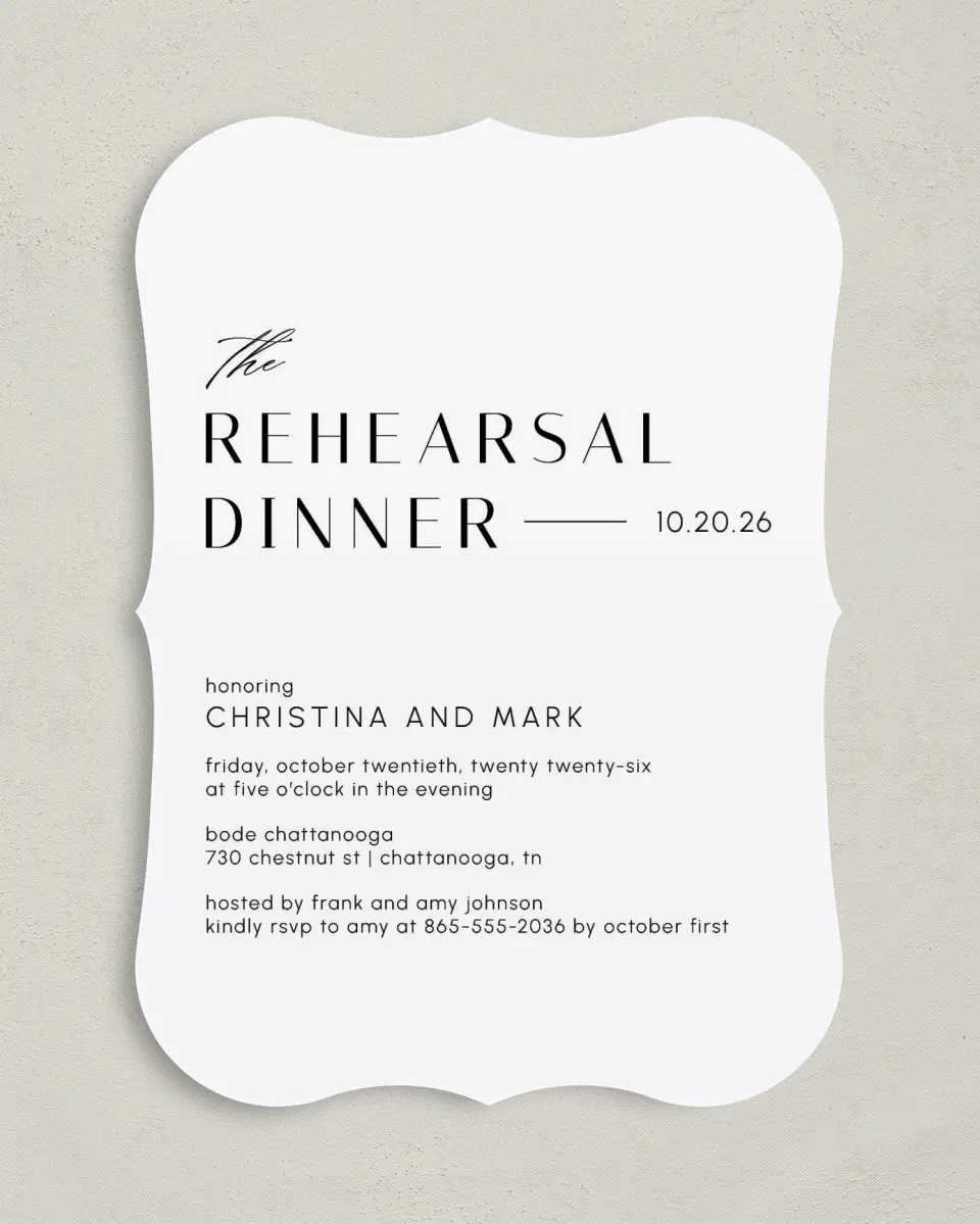 This is a 5" x 7" Rehearsal Dinner Invitation called Deluxe Dinner printed in full color on Premium Smooth paper