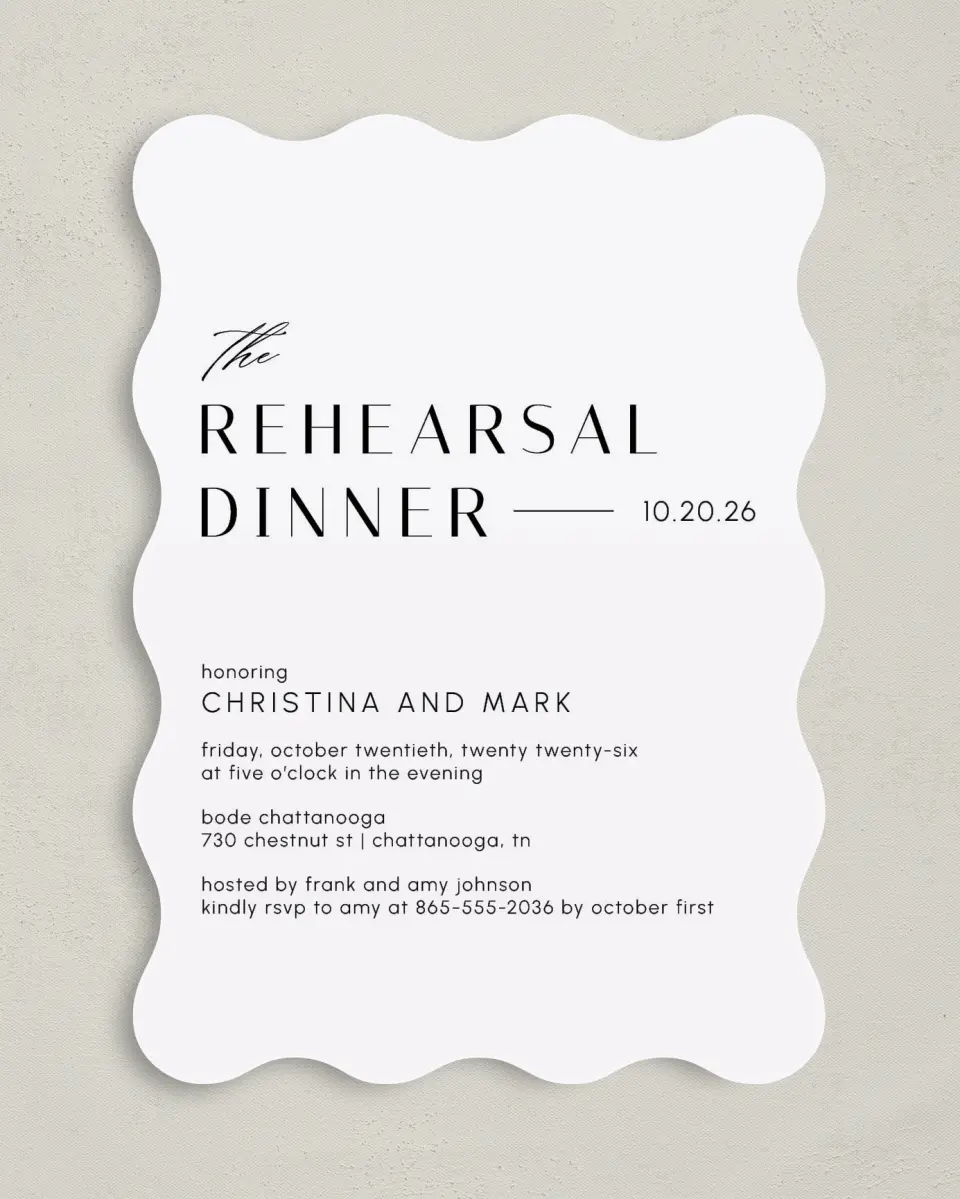 This is a 5" x 7" Rehearsal Dinner Invitation called Deluxe Dinner printed in full color on Premium Smooth paper