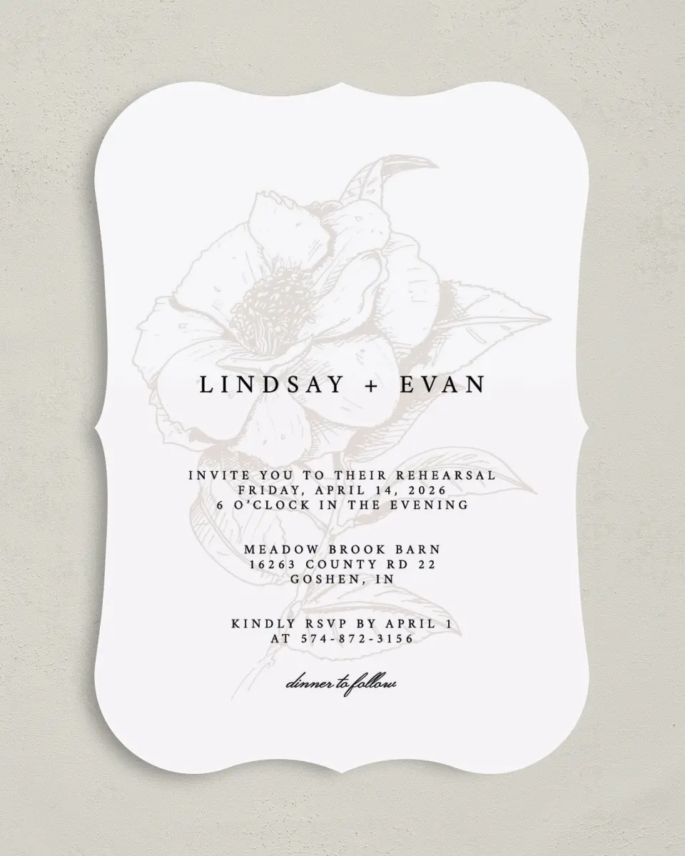 This is a 5" x 7" Rehearsal Dinner Invitation called Faded Flower printed in full color on Premium Smooth paper