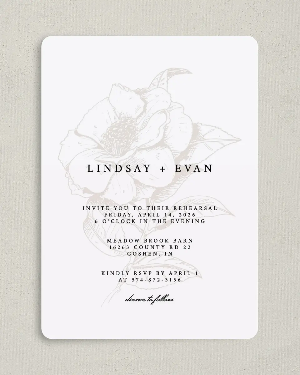 This is a 5" x 7" Rehearsal Dinner Invitation called Faded Flower printed in full color on Premium Smooth paper