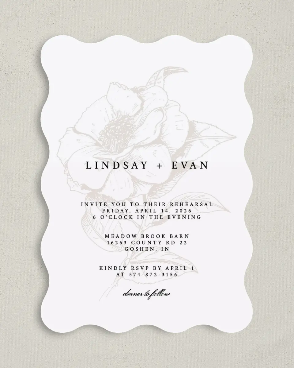 This is a 5" x 7" Rehearsal Dinner Invitation called Faded Flower printed in full color on Premium Smooth paper