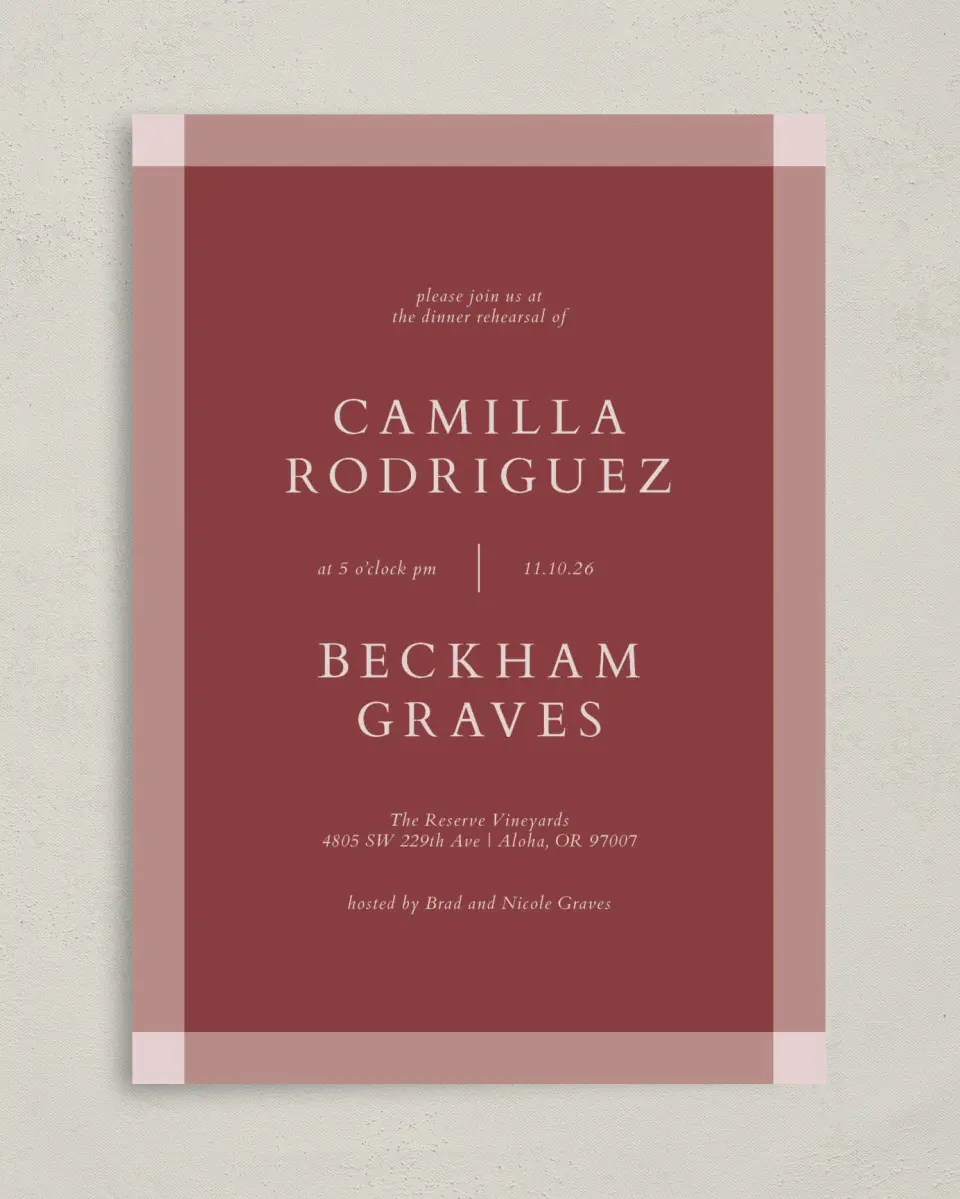 This is a 5" x 7" Rehearsal Dinner Invitation called Colorblock Surround printed in full color on Premium Smooth paper