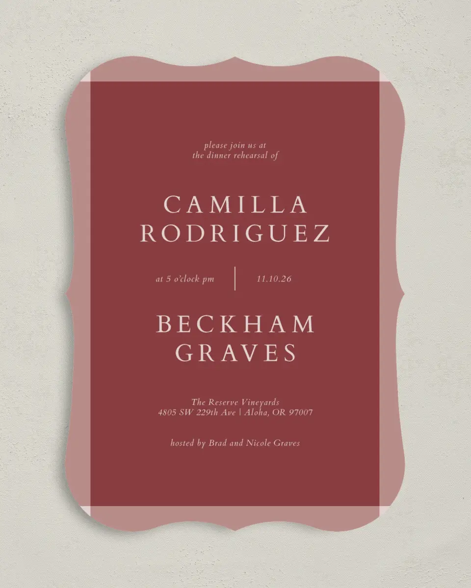 This is a 5" x 7" Rehearsal Dinner Invitation called Colorblock Surround printed in full color on Premium Smooth paper