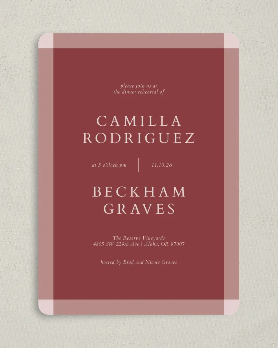 This is a 5" x 7" Rehearsal Dinner Invitation called Colorblock Surround printed in full color on Premium Smooth paper