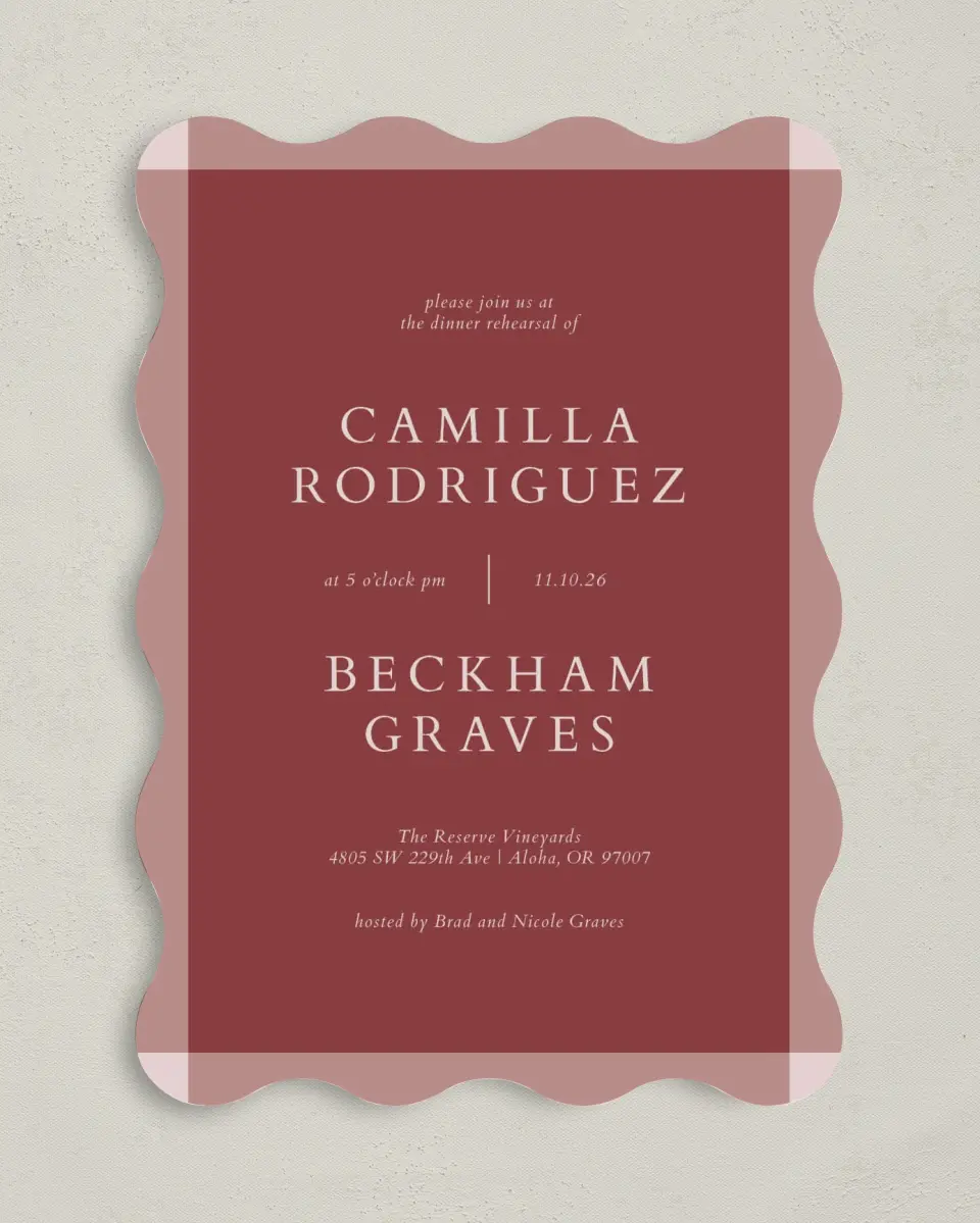 This is a 5" x 7" Rehearsal Dinner Invitation called Colorblock Surround printed in full color on Premium Smooth paper