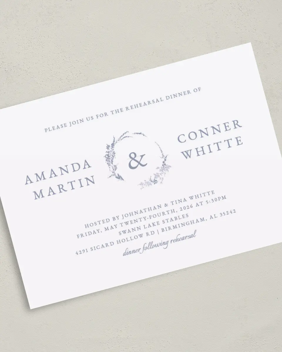 This is a 5" x 7" Rehearsal Dinner Invitation called Delicate Dinner printed in full color on Premium Smooth paper